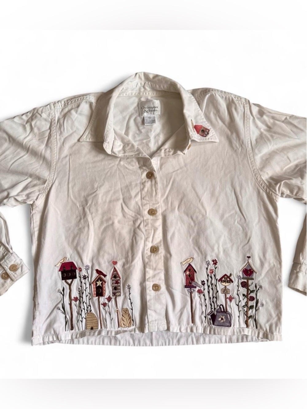 Christopher & Banks White Button-Up Birdhouse Embroidery